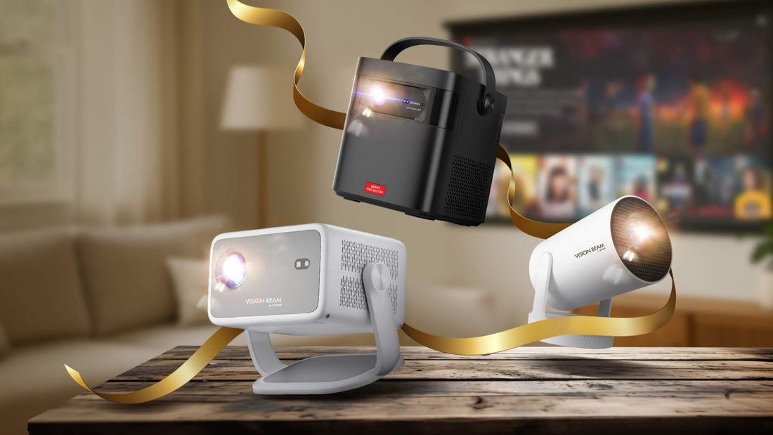 Modern home entertainment setup with projector, wireless audio and ambient lighting